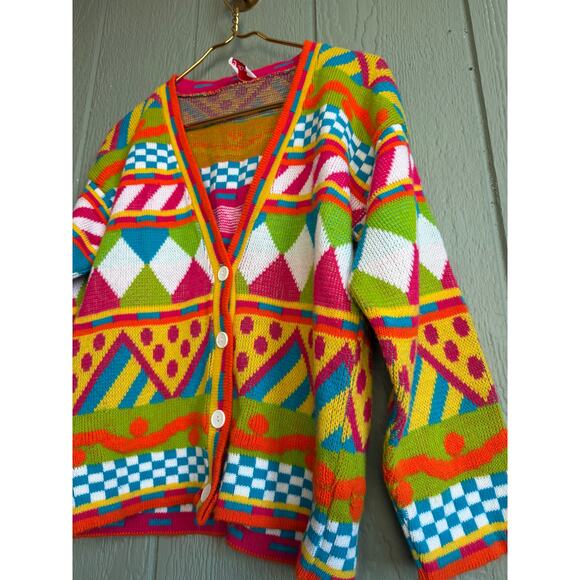 Vintage Grand Knitwear Colorful Geometric Knit Cardigan 80s 90s Sweater - Picture 4 of 7